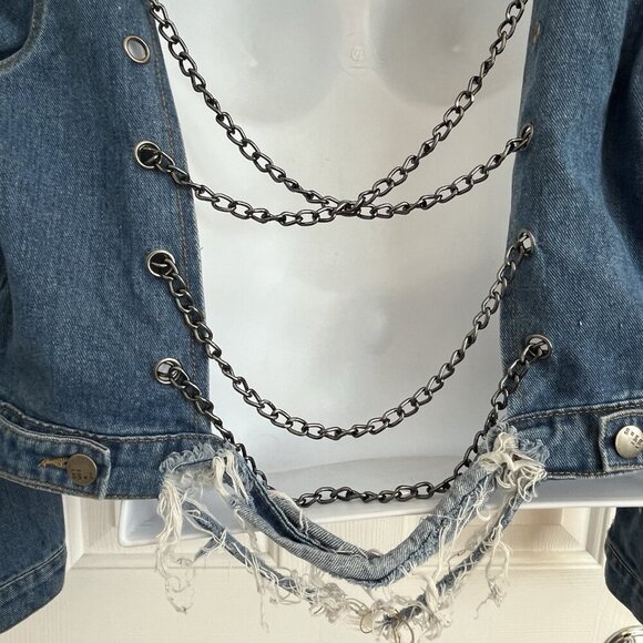 Between Us Womens L Destroyed Denim Trucker Jacket Chain Back Detail Grunge Punk - Picture 10 of 14